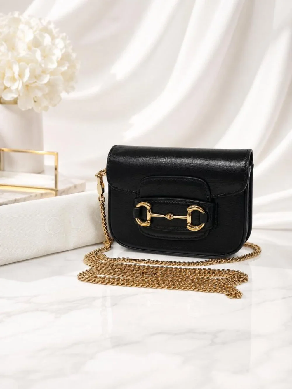 Authentic Gucci Horsebit 1955 Mini Chain Crossbody Black Leather